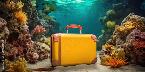 Yellow travel suitcase on a sandy bottom with colorful coral reef. Tourist season advertising banner layout.