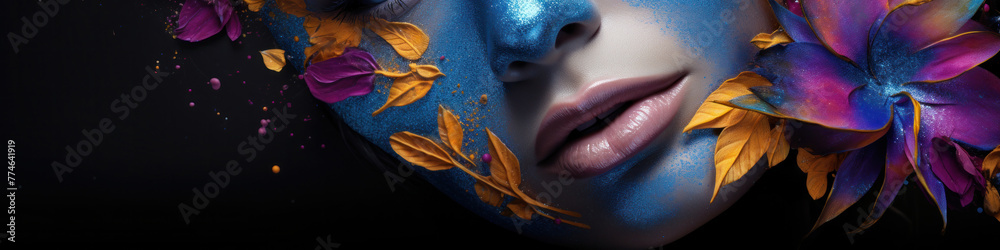 Obraz premium A woman's face is covered in shimmering blue paint with a shiny grainy tint and pink flowers on a black background. Fashion makeup advertising banner mockup.
