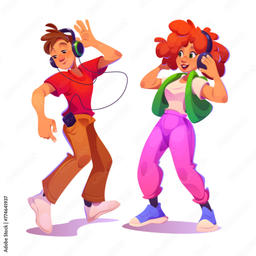 Happy people listen music. Man person with phone and young girl dance and have fun. Female student enjoy song sound in headphones at home isolated icon. Funny action on disco party cartoon graphic - obrazy, fototapety, plakaty 