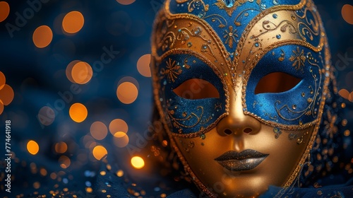   A tight shot of a blue-and-gold mask on a mannequin's head, surrounded by backdrop lights © Mikus