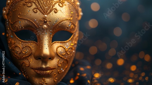   A tight shot of an individual donning a golden mask and a black shawl adorned with gold sparkles photo
