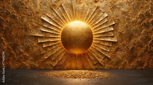  A room featuring a gold sunburst design etched into a stone wall Concrete floor beneath, illuminated by a central light
