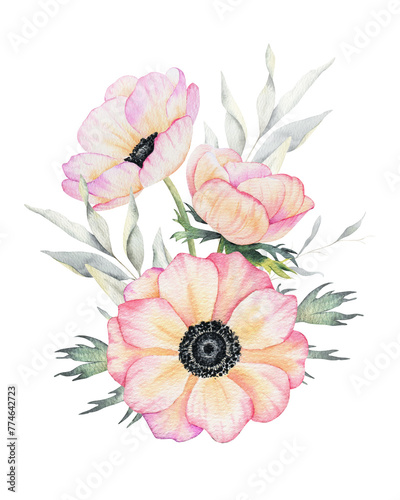 Bouquet of Anemone rose flowers and leaves. Isolated hand drawn watercolor illustration. Summer floral design for wedding invitations, cards, textiles, packaging of goods. wrapping paper