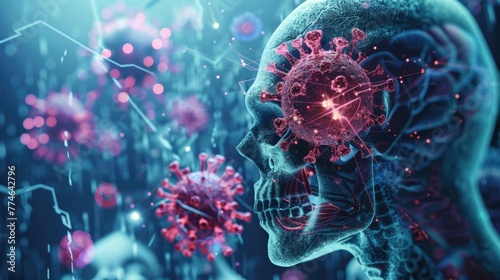 Digital illustration of viruses and human head silhouette representing pandemic. photo