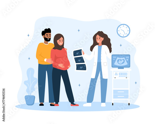 Ultrasound pregnancy screening concept. Female doctor gives results of ultrasound examination. Arabian family expecting for baby. Future parents in clinic. Vector illustration in flat cartoon style.