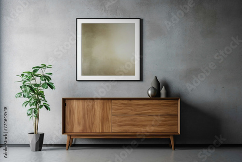 Sleek design with wooden cabinet, dresser, and empty poster frame against textured concrete wall in modern living room.
