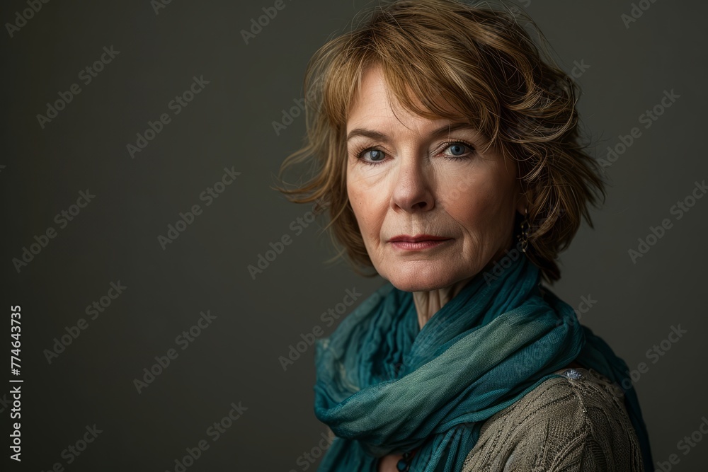Portrait of a senior woman with short hair and a green scarf Portrait of a senior woman with short hair and a green scarf