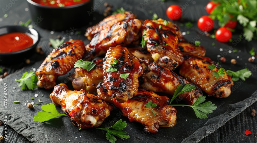 Assorted glazed barbecued chicken wings on a plate with sauces.