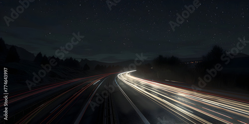 A highway with a sunset in the background, A blurry photo of a car with the lights on, Night Road Background