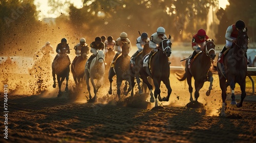 A group of jockeys are racing at Kentucky derby