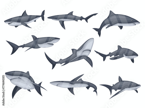 Set of swimming shark icons. Underwater world. Vector graphics
