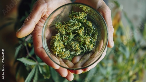 A detailed view on a glass container in hands, revealing quality dried medical marijuana, highlighting the commercial and legal aspects