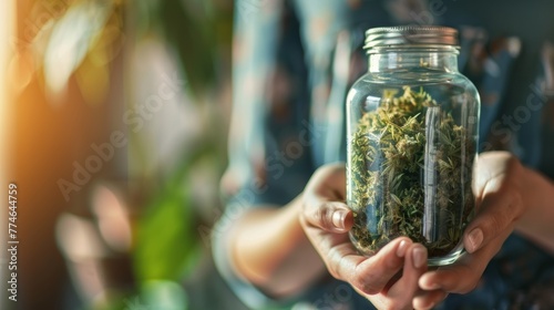 A detailed view of a person securely holding a jar of dried medical weed, emphasizing the legality and medical use of cannabis in alternative medicine
