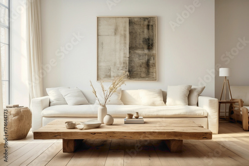 Scandinavian simplicity defines the living area, featuring two beige sofas and a weathered wooden table. An empty frame provides space for creative expression.