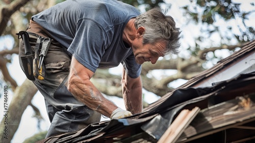 A skilled roofer in action, offering professional install, repair, and replacement services for damaged roofs in a home service setting photo