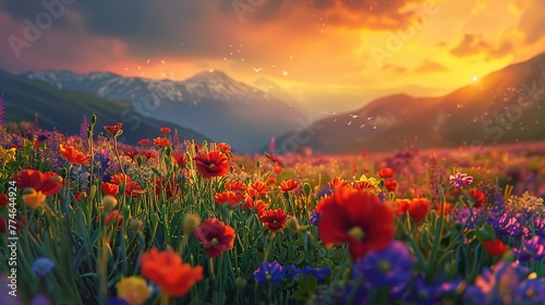 Stunning flowers landscape with sunset vibe ,Generative ai, #774644924