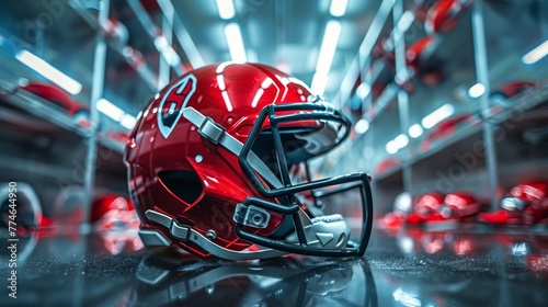 An American Football Helmet, poised in a locker room filled with championship gear, embodying the Super Bowl spirit and team ambition © Alpha