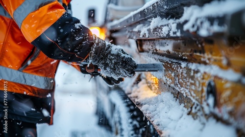 Close-up of a mechanic's hands providing replacement service for a snowplow damaged in a winter accident, ensuring safe car service