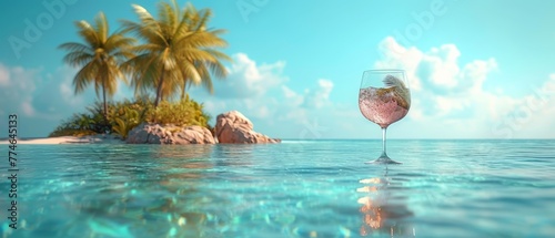  A glass of wine floats on the water's surface, nearby is a tiny island adorned with palm trees