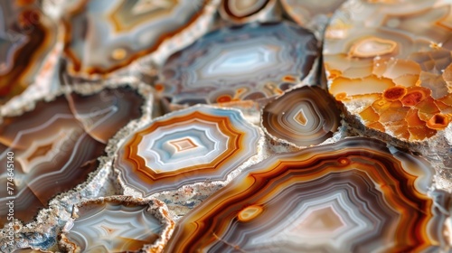 Macro shot of colorful agate stone slices with intricate patterns.