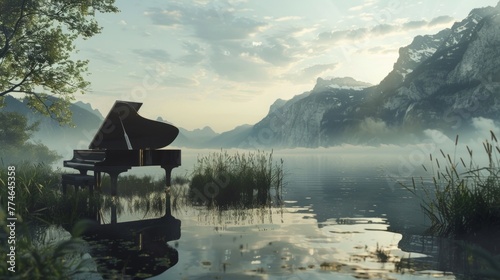 A piano is seen floating in the middle of a lake photo