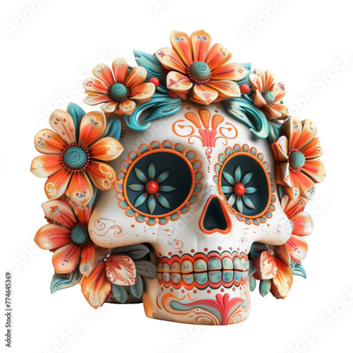 Colorful Mexican Sugar Skull with Floral Pattern png