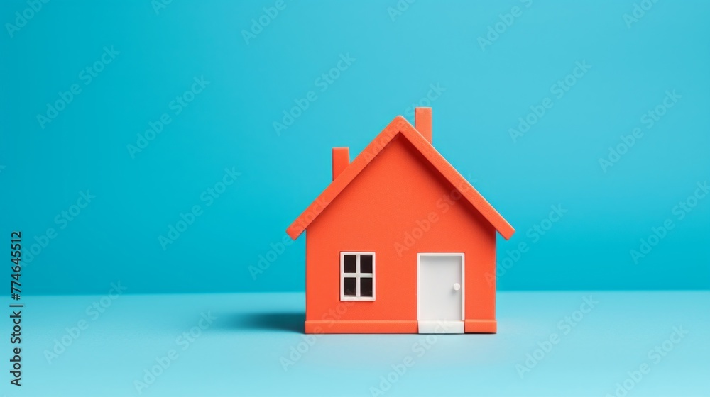 A small orange house perched on a blue surface in a minimalist setting A small orange house perched on a blue surface in a minimalist setting