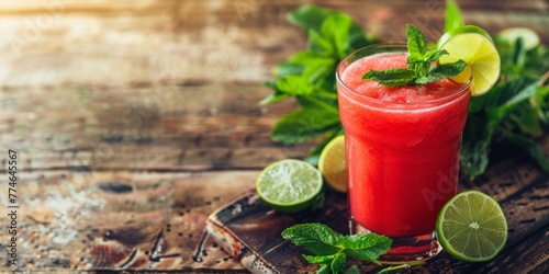A glass filled with freshly made watermelon and lime juice, a vibrant and delicious summer drink