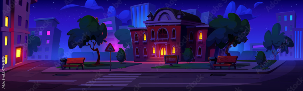 Obraz premium School building outside at night. Cartoon vector city landscape with dark education house with light in windows and streetlights, yard with trees and bench on pavement, road with crosswalk and sign.