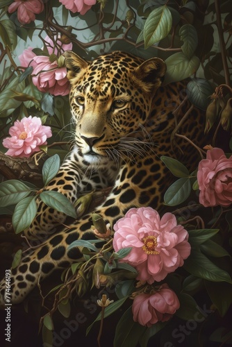  A leopard reclines on a tree's pink-flowered branch, contrasting background holds a solitary pink rose