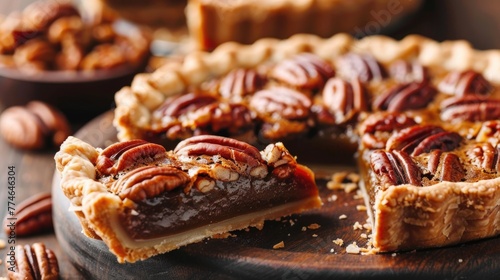 Close-up of a pecan pie slice with whole pie in the background.