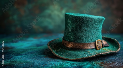   A green top hat sits atop a blue-green cloth-covered table Nearby rests a brown leather belt photo