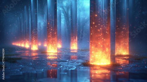  In the heart of the forest, towering pillars rise high, surrounded by a vibrant multitude of fireflies – mostly orange and blue
