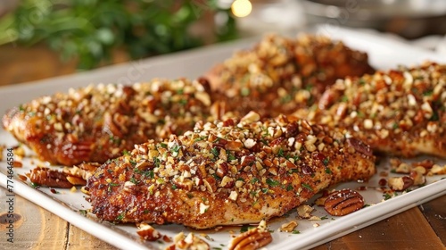 Pecan-crusted chicken breasts on a white serving platter. photo