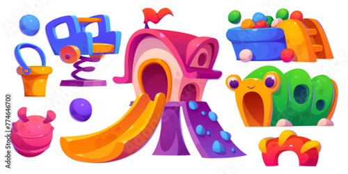 Kid playground park equipment. Cartoon vector illustration set of bright kindergarten or public yard amusement supplies - slide and tunnel, pool with soft balls, sand bucket and car bouncy swing.