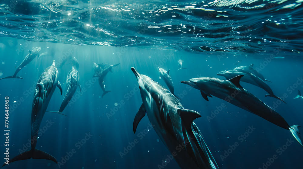 Fototapeta premium back view school of dolphins underwater.