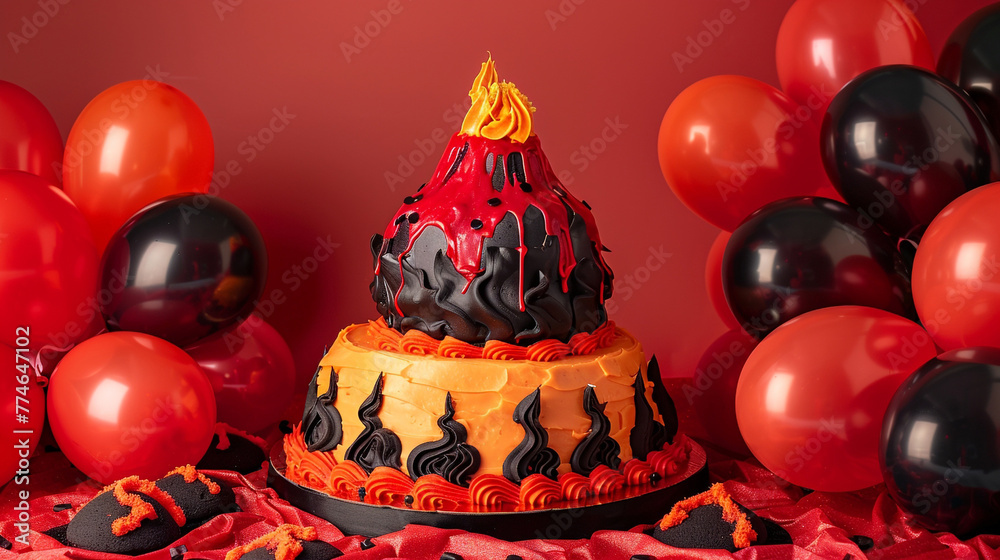 A fiery volcano themed birthday cake with red, orange, and black icing, featuring an edible erupting volcano, surrounded by red and black balloons on a solid lava red background.