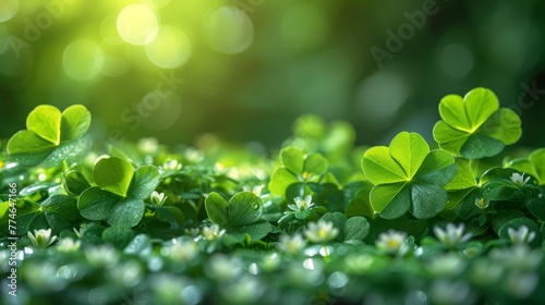   Four clover leaves grouped in grassy field, sun illuminating behind trees photo