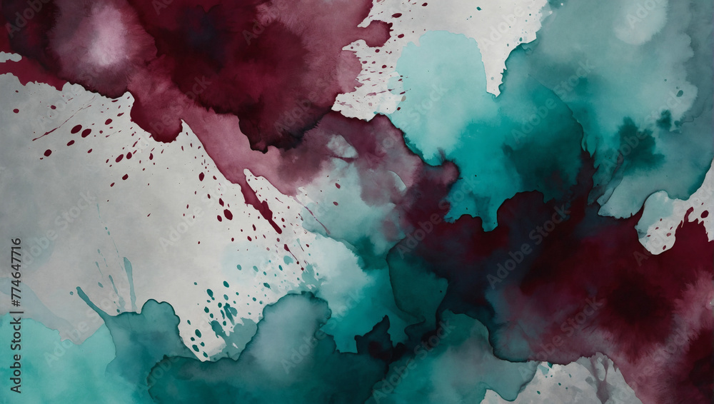 Asian-infused Abstract Watercolor Background in Teal, Burgundy, and Silver.
