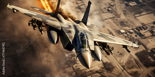 A military jet flying in the air, Modern fighter plane during an air battle Fighter jet soaring through the clouds during sky fight, Airforce jet in fire fighting military air defense plane generative