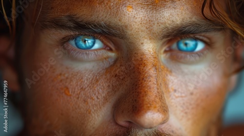   A tight shot of a man's face, adorned with a scatter of freckles and framed by deep-set blue eyes © Mikus
