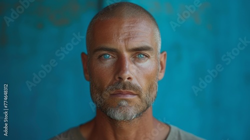   A tight shot of a man with a bald head and intense blue gaze fixated on the camera