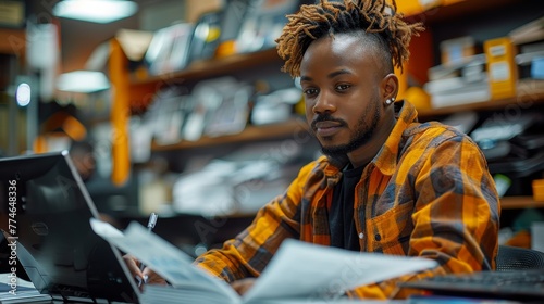 IT service support agent taking notes while talking with customer during online phone call at help desk office.