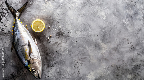 Fresh yellowfin tuna fish seabream with lemon slice cooking on gray stone background, top view. photo