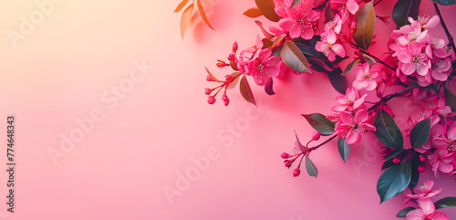 Pink Flowers in a floral arrangement against a pink gradient Background. Blossoming Beauty spring and summer celebration