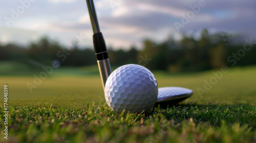 Golf club and golf ball on the grass. Green golf course.