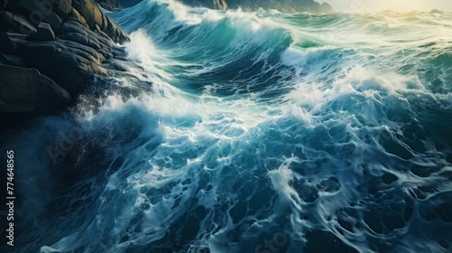 A realistic photo of a stormy sea off the coast with big waves crashing on rocks in sunny weather. Generative AI © kovalovds