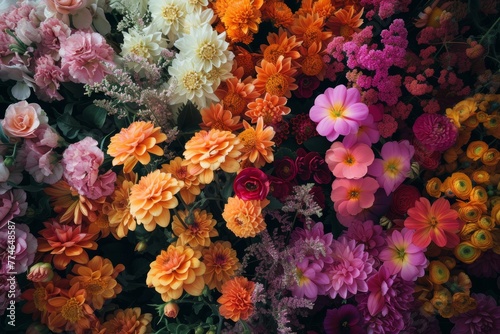   A tight shot of vibrant blooms  an array of colored flowers filling the image s center  extending downward halfway