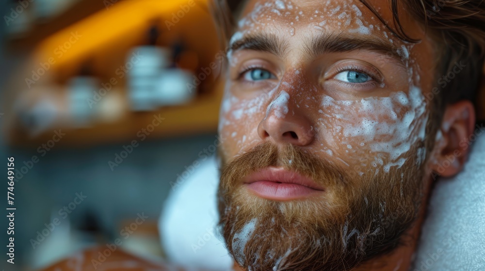 A tight shot of a man with a goatee and beard heavily coated in white powder on his face A tight shot of a man with a goatee and beard heavily coated in white powder on his face