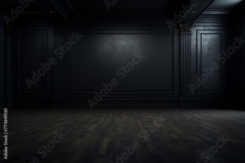 Dark empty room with concrete wall and wooden floor